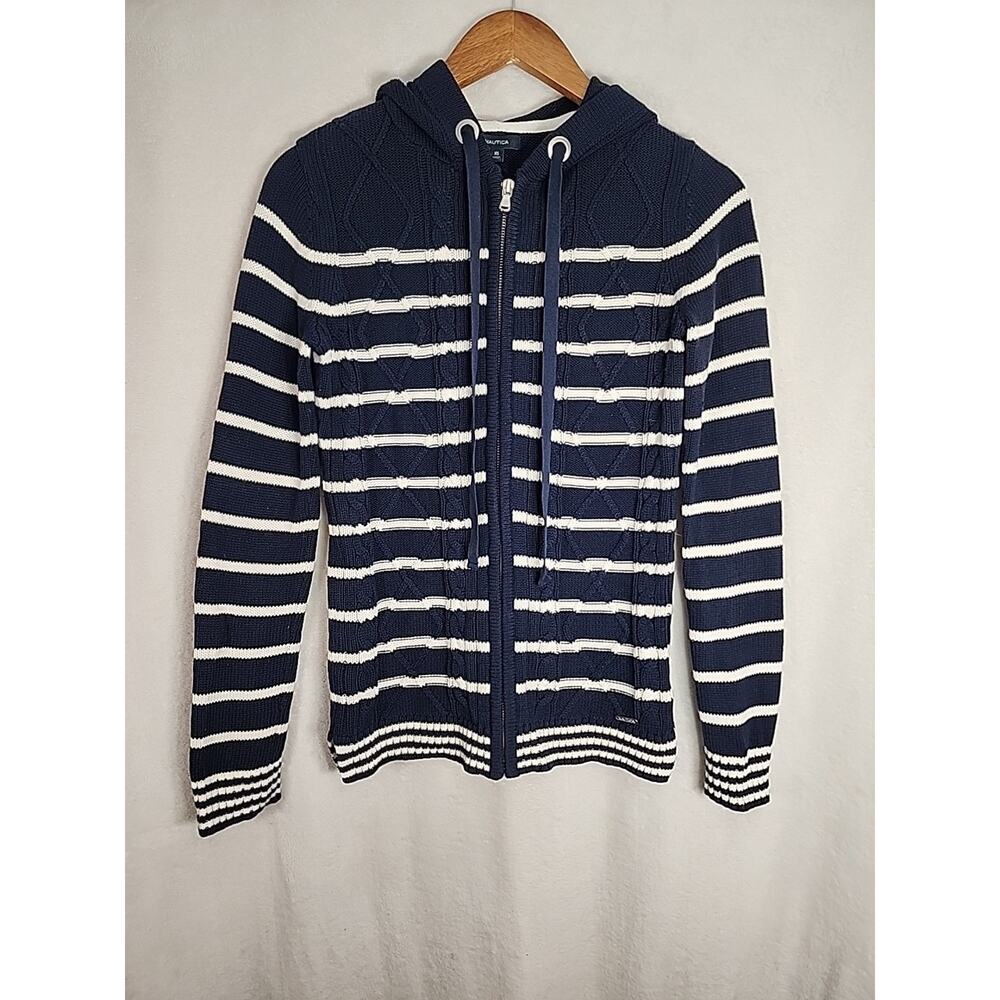 Nautica Women’s Navy Seas Striped Cable Knit Zip Up Hooded Sweater Size XS New